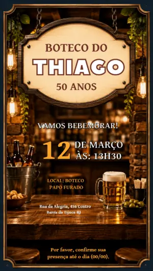 Convite de Aniversário Tema Boteco Rústico para Editar