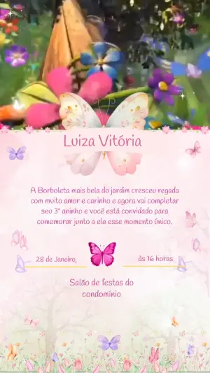 Convite Animado de Aniversário Unicórnio e Borboletas para Editar