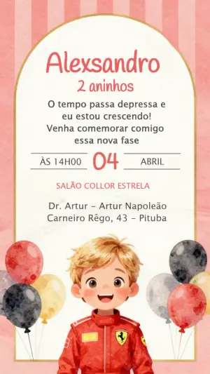 Convite de Aniversário Infantil Tema Piloto Ferrari