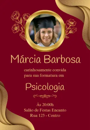 Convite de Formatura Vermelho e Dourado com Foto para Editar