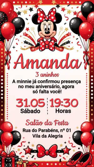 Convite de Aniversário Minnie Vermelha Clássica Editável