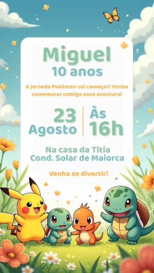 Convite Aniversário Pokémon com Personagens para Editar Online