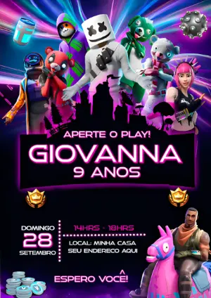 Convite de Aniversário Fortnite com Personagens para Editar