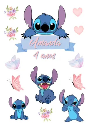 Topper de Bolo Stitch para Aniversário | Editável para Imprimir