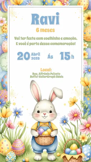 Convite Mêsversário Páscoa com Coelhinho para Editar Online