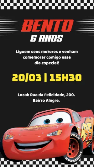 Convite de Aniversário Carros Relâmpago McQueen para Editar