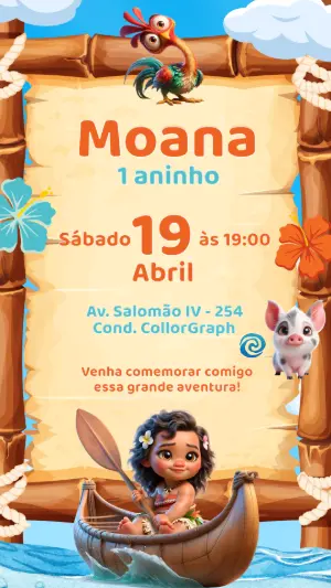 Convite Aniversário Moana Baby com Personagens para Editar