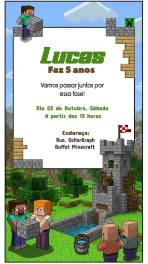 Convite de Aniversário Minecraft com Personagens para Editar