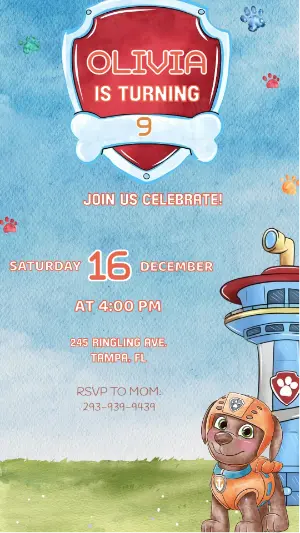 Animated Paw Patrol Zuma Birthday Video Invitation
