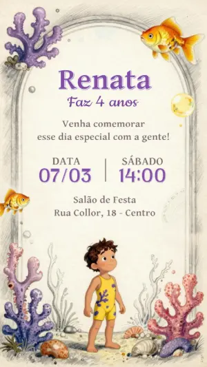 Convite de Aniversário Fundo do Mar Ilustrado para Editar
