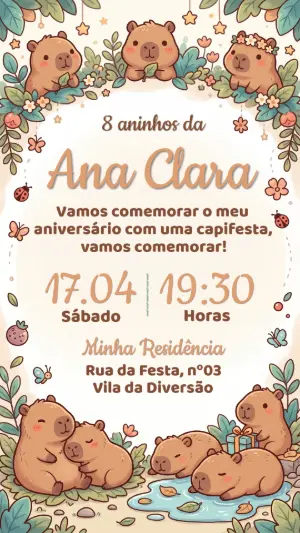 Convite Editável de Aniversário Infantil Tema Capivara Fofo
