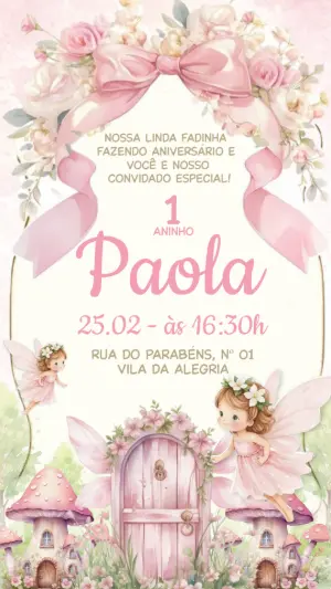 Convite de Aniversário Fada Rosa Jardim Encantado Editável
