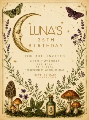 Vintage Celestial Moon Editable Birthday Invitation