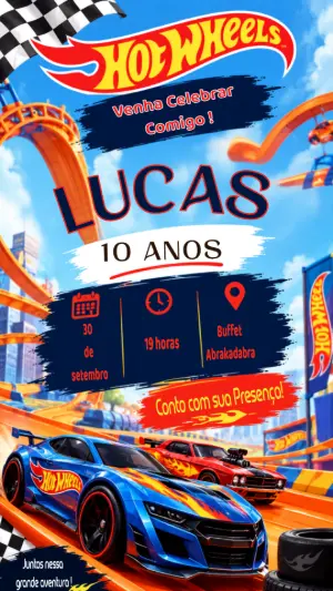 Convite de Aniversário Hot Wheels Digital para Editar