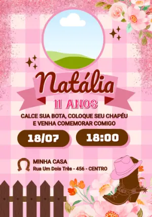 Convite de Aniversário Cowgirl Rosa com Glitter Editável