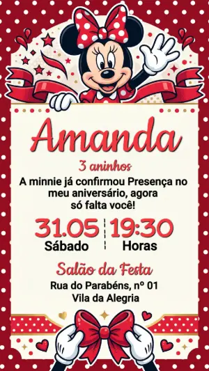 Convite Digital Minnie Vermelha para Aniversário Infantil Editável