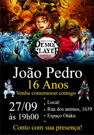 Convite Aniversário Demon Slayer com Personagens para Editar