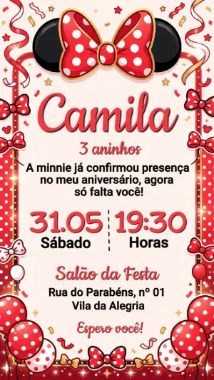 Convite Digital Minnie Vermelha Poá Editável para Aniversário