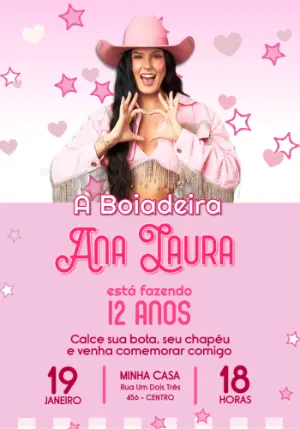 Convite de Aniversário Boiadeira Rosa Editável