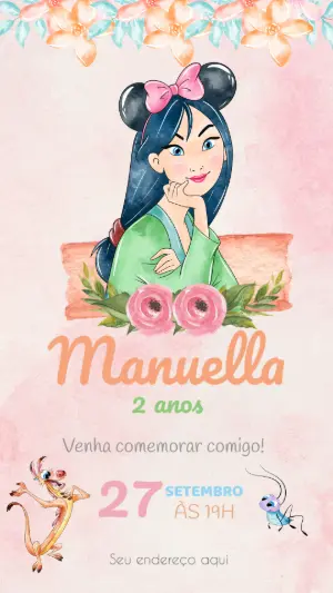 Convite Aniversário Mulan com Orelhas Minnie Editável Online
