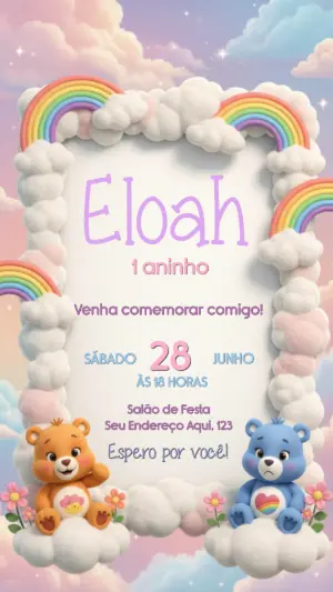 Convite de Aniversário Ursinhos Carinhosos nas Nuvens Editável