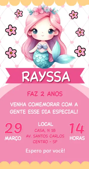 Convite de Aniversário Sereia Fofa Rosa para Editar Online