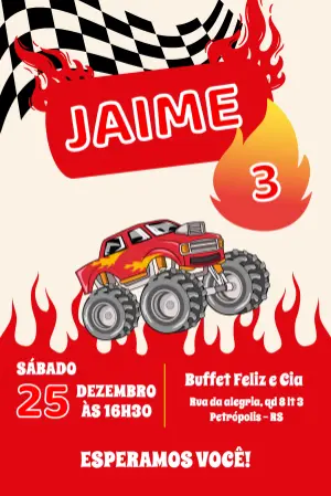 Convite de Aniversário Monster Truck com Chamas para Editar