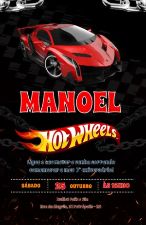 Convite Digital Aniversário Hotwheels Editável