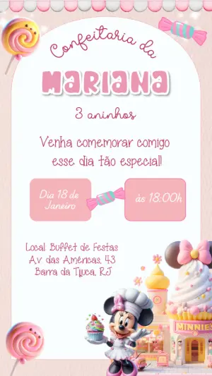 Convite Aniversário Minnie Confeiteira para Editar Online