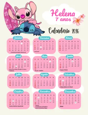 Calendário 2026 Editável Tema Lilo & Stitch para Aniversário
