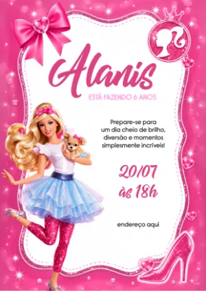 Convite de Aniversário Barbie Rosa com Brilho para Editar