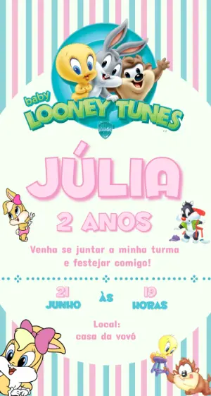 Convite de Aniversário Baby Looney Tunes Menina Editável