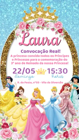 Convite de Aniversário Princesas com Glitter para Editar