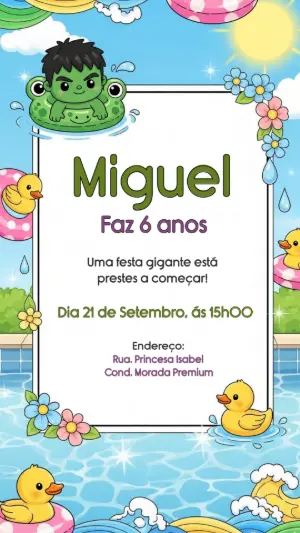 Convite Aniversário Hulk na Piscina para Editar Online