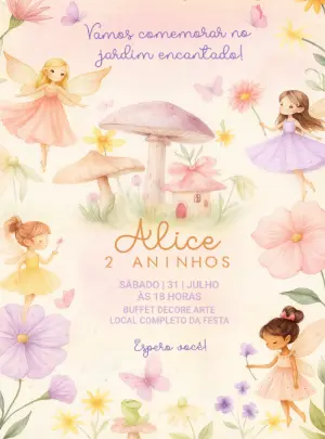 Convite de Aniversário Jardim Encantado Fadas Editável Online