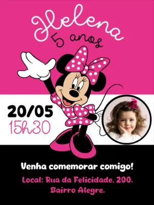 Convite de Aniversário Minnie Rosa com Foto para Editar Online