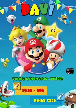 Convite de Aniversário Super Mario com a Turma Reunida para Editar