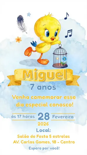 Convite de Aniversário Piu-Piu Aquarela para Editar Online