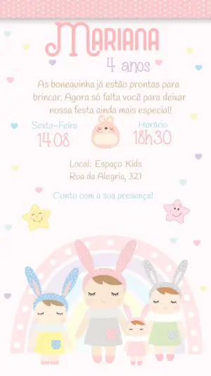 Convite Aniversário Bonecas Metoo Editável Online