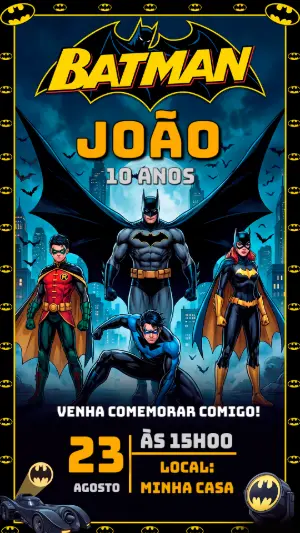Convite de Aniversário Batman e Bat-Família para Editar