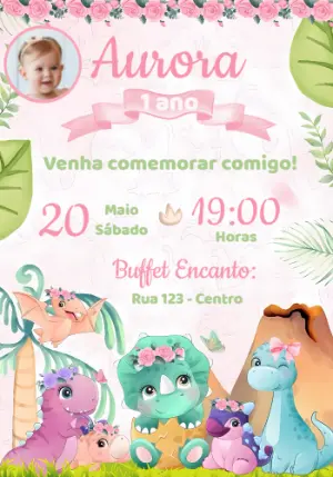 Convite Aniversário Dinossauro Baby Menina com Foto para Editar