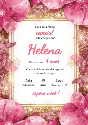 Convite de Aniversário Floral Rosa e Dourado Editável