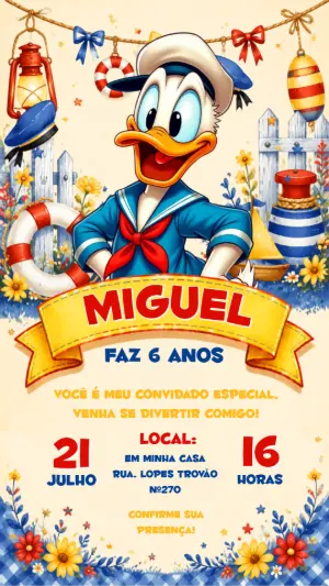 Convite Digital Aniversário Pato Donald Marinheiro para Editar