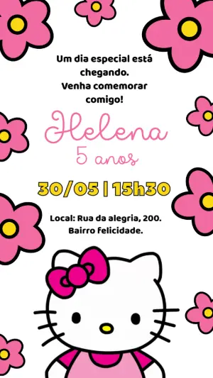 Convite Digital Hello Kitty Editável para Aniversário