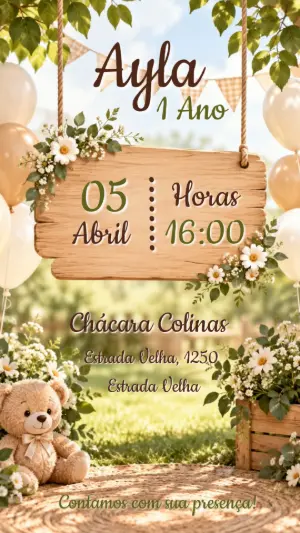 Convite de Aniversário Ursinho Rústico para Editar Online