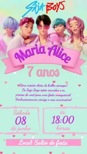 Convite de Aniversário Saja Boys Guerreiras do K-pop Editável