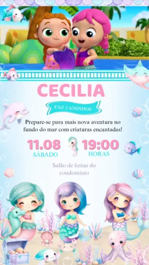 Convite Animado Aniversário Fundo do Mar com Sereias para Editar