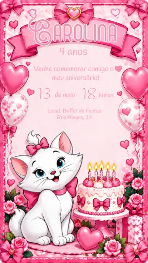 Convite de Aniversário Gatinha Marie Rosa para Editar