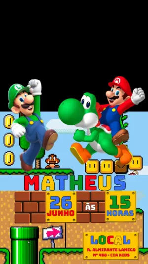Convite Animado de Aniversário Super Mario Bros para Editar