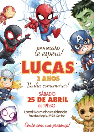 Convite de Aniversário Vingadores Aquarela para Editar
